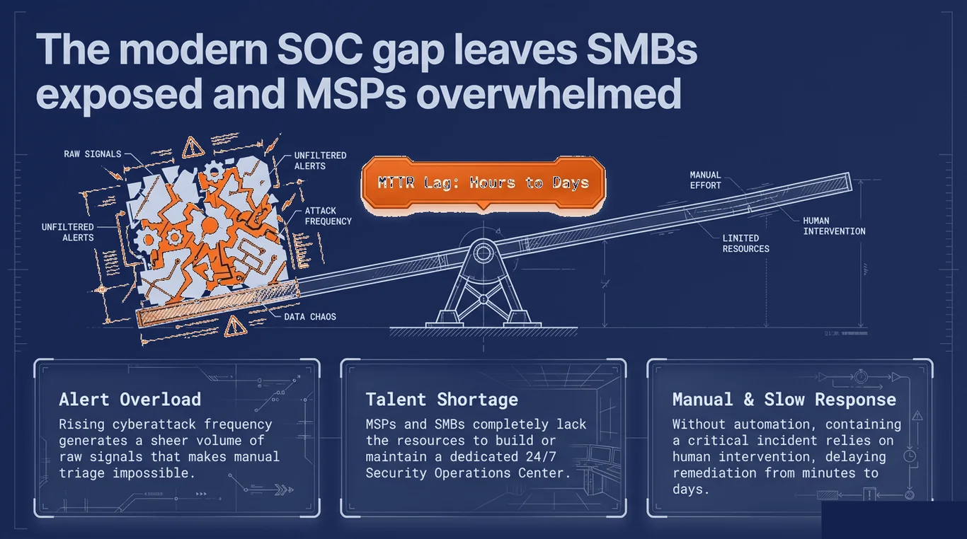 Diagrama do desafio: a lacuna do SOC moderno deixa PMEs expostas e MSPs sobrecarregados